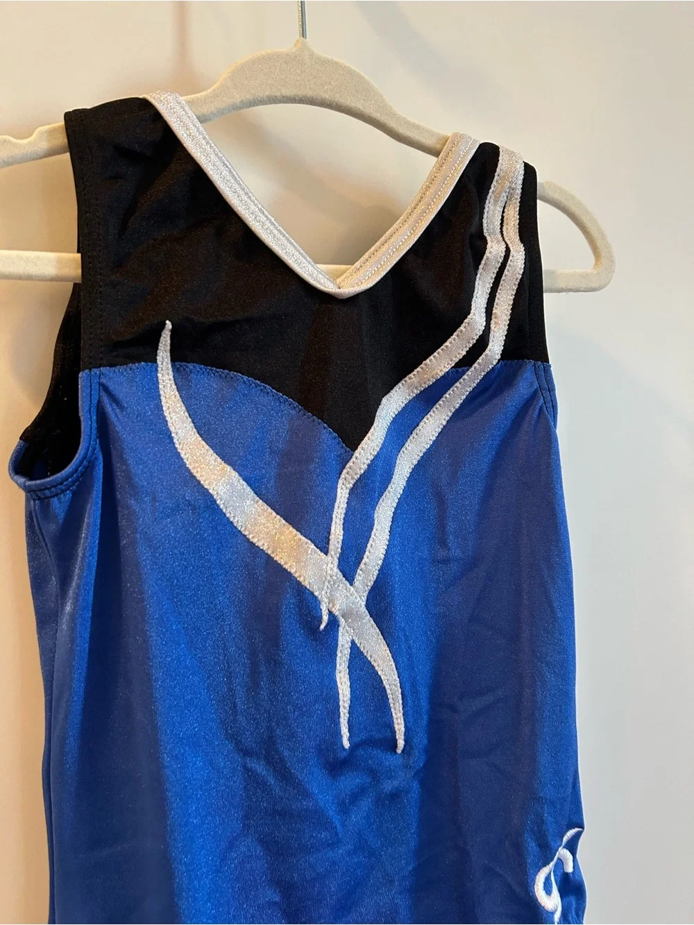 GK Girls Blue & Black Metallic Stripe Gymnastics Leotard - Child’s Small